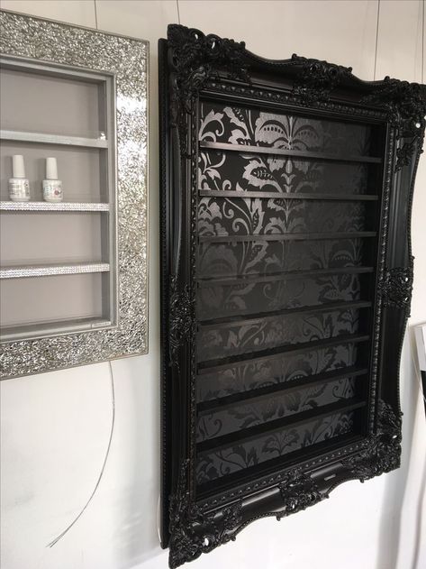 Diy Gothic Vanity, Gothic Home Decor Diy Victorian, Diy Goth Headboard Ideas, Upcycled Goth Decor, Gothic Salon Decor Interior Design, Goth Market Display, Glam Goth Bedroom, Gothic Nail Salon Decor, Goth Nail Salon Decor