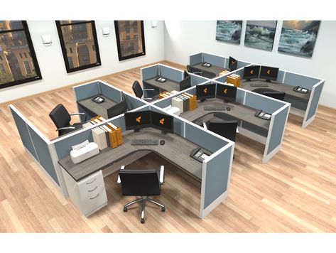 6x6 modular workstations from AIS - 6 Pack Cluster Modern Cubicle, Collaborative Office, Modular Desk System, Desk System, Modular Workstations, Steel Tiles, Modular Desk, Tile Panels, Hanging Files