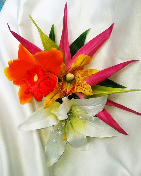 Tropical Headpiece - hair Clip with Orchids, Bird of Paradise and Lilies.  Accents with faux pearl crystals Beach Wedding Headpieces, Tropical Hair, Hawaiian Hairstyles, Beach Wedding Locations, Orange Orchid, Pearl Bride, Headpiece Hairstyles, Pin Up Hair, Hawaiian Wedding