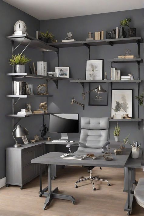 Home office design, interior decoration, modern office design, industrial office design Grey Desk Office Decor, Light Gray Office, Colors For Home Office, Caring For Granite Countertops, Modern Industrial Office, Modern Industrial Home, Colors For Home, Industrial Home Offices, Grey Wall Decor