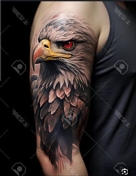 Eagle Sleeve Tattoo Men, Upper Back Tattoo Men, Eagle Shoulder Tattoo, Realistic Tattoo Ideas, Back Tattoos For Guys Upper, Bald Eagle Tattoos, Hyper Real, Upper Back Tattoos, Animal Sleeve Tattoo