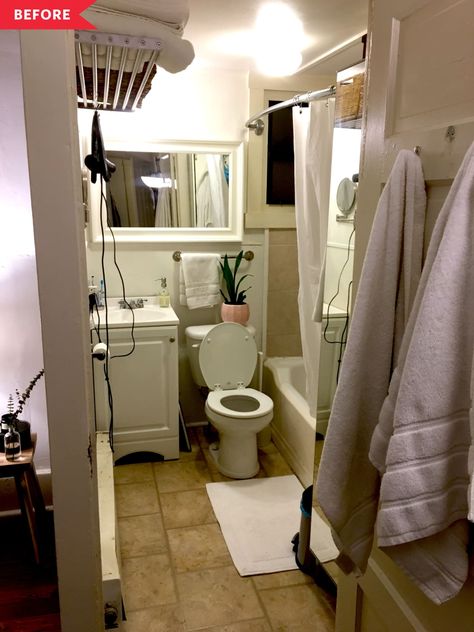 White Rental Bathroom Refresh | Apartment Therapy Bathroom Remodel Renter Friendly, Old Apartment Bathroom, Ugly Bathroom Makeover Rental, Beige And White Bathroom, Small Rental Bathroom, Rental Bathroom Makeover, Feminine Bathroom, Rental Bathroom, Sheltered Housing