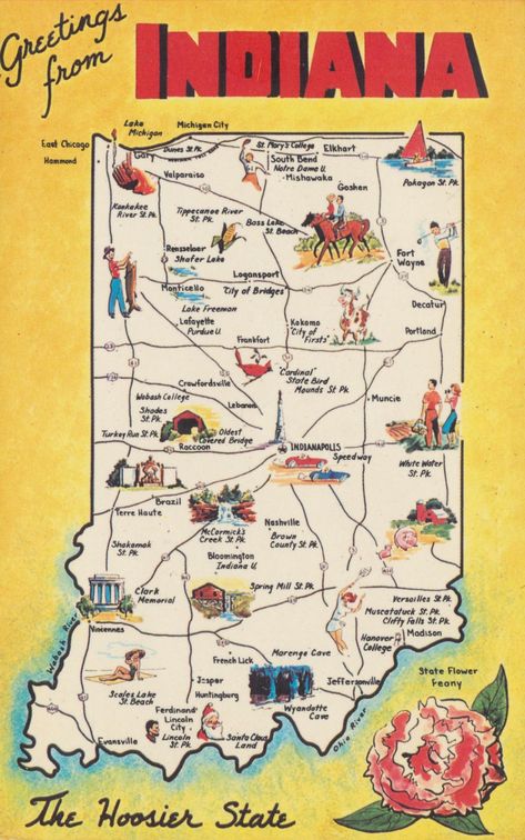 Greetings From Indiana | INDIANA Hoosier State CAPITAL: Indi… | Flickr Indiana Map, All The Bright Places, Portland City, Michigan City, Indiana State, Vintage Souvenir, State Map, Arte Pop, Vintage Magazine