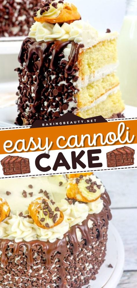 Cannoli Cake, best dessert ideas, easy cake recipes, sweet treats Canolli Cake Recipe, Cannoli Cake With Box Cake, Easy Cannoli Cake, Cannoli Cake Recipe Easy, Easy Cannoli Cake Recipe, Cannoli Frosting, Cannoli Cake Recipe, Heaven Cake Recipe, Chocolate Chip Cannoli