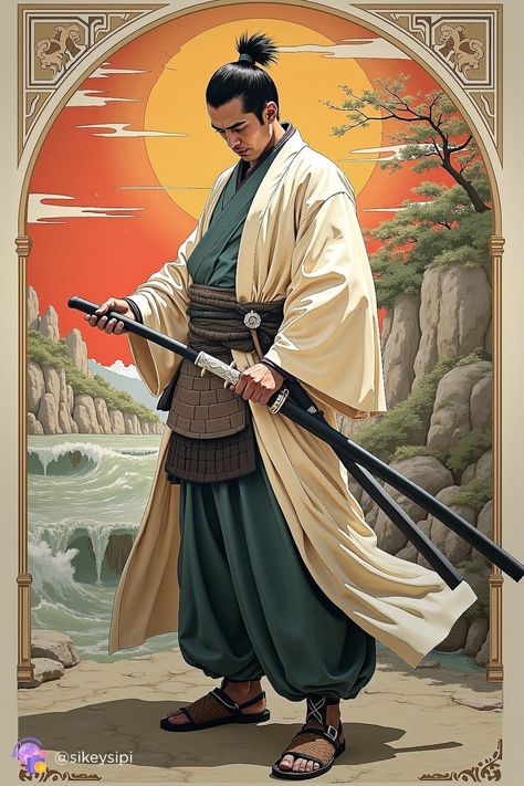 This samurai, standing in a calm pose, symbolizes the protector of ancient traditions and the warrior code. His steadfastness and dignity are reflected in every detail of his outfit, from the helmet to the sword hilt. #samurai #warrior #ancienttraditions #japanesewarrior #codeofhonor Japanese Samurai Outfit, Samurai Pose, Warrior Code, Real Samurai, Asian Warrior, Samurai Style, Samurai Drawing, Samurai Clothing, Japanese Art Samurai