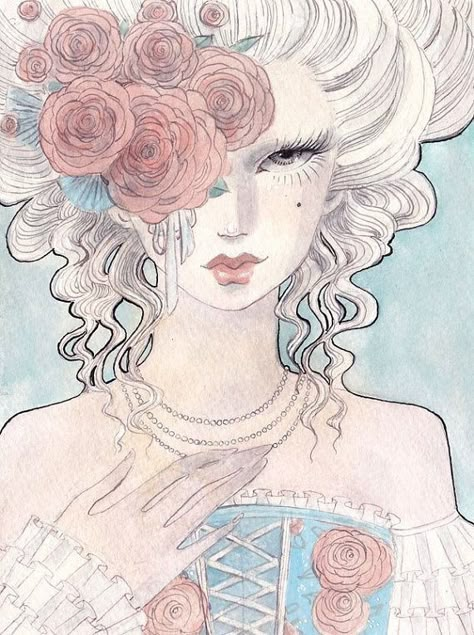 Marie Antoinette Sketch, Marie Antoinette Fanart, Unique Watercolor Paintings Ideas, Marie Antoinette Aesthetic Modern, Marie Antoinette Tattoo, Marie Antoinette Drawing, Marie Antoinette Painting, 1700s Art, Marie Antoinette Art