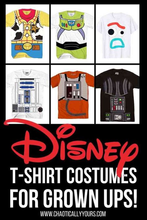 37 quick and easy Disney costume ideas, as simple as putting on a t-shirt!  All available from Amazon.com!  Perfect for Mickey's Not So Scary Halloween Party at Walt Disney World's Magic Kingdom!  #disneyhalloween #halloweencostume #mnsshp Disney Halloween Party Costumes Family, Disney World Halloween Costumes, Disney Not So Scary Halloween Costumes, Not So Scary Halloween Party Costumes, Disney Halloween Party Costumes, Adult Disney Costumes Diy, Mickeys Not So Scary Halloween Costumes, Mnsshp Costume Ideas, Mickeys Halloween Party Costumes