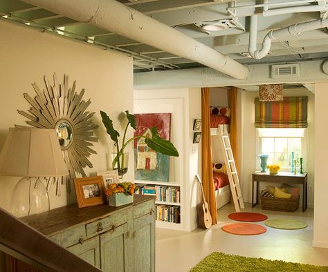 Here are ten basement bedroom ideas that'll have you begging to sleep in them. If you're decorating a basement room, start here. #[ Unfinished Basement Playroom, Unfinished Basement Laundry, Basement Transformation, Unfinished Basement Bedroom, Unfinished Basement Ceiling, Basement Office, Basement Lighting, Basement Laundry Room, Basement Playroom