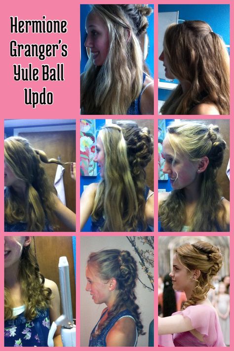 Hermione Granger's Yule Ball Updo: 1. Section off hair behind your ears. (Leave some hair near your neck down) 2. Create another small section at the crown to tease and tie with a small elastic. 3. Start by curling and pinning the curls with the hair in the elastic. 4. Pin up all hair behind your ears. 5. Curl and pin the front section. 6. Take the hair you left down to curl it and leave it down. 7. Put in some sparkly jewels to decorate your hair and your finished! How To Do Hermione Granger Yule Ball Hair, Hermione Granger Yule Ball Hair, Hermione Granger Hairstyles Tutorial, Hermione Granger Hairstyles, Yule Ball Hair, Yule Ball Hairstyles, Hermione Granger Hair, Prom Hairstyles All Down, Hermione Granger Yule Ball