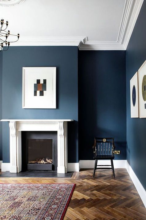 Feb 8, 2021 - Painting the walls and doors in the same colour is a game changer. Get your inspiration from the UK's No1 colour inspiration blog Seasons in Colour Navy Living Rooms, Wall Colours, Floating Mantel, Victorian Living Room, Dark Living Rooms, Blue Living Room Decor, Living Room Themes, Cosy Living Room, Wooden Floors