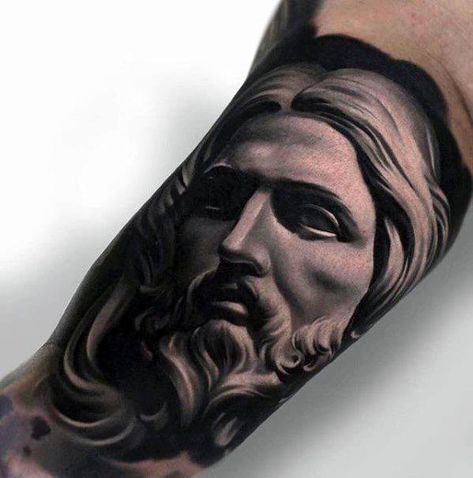 Religious Tattoo Sleeves, Jesus Tattoos, Tato 3d, Jesus Tattoo Design, Bicep Tattoo Men, Tattoo 3d, Inner Bicep Tattoo, Christ Tattoo, Black And Grey Tattoo