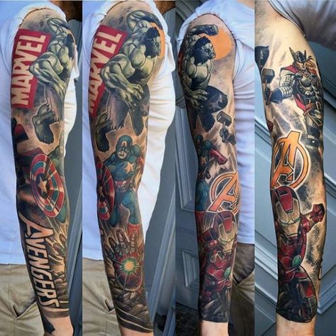 Marvel Tattoo Sleeve, Tattoo Advice, Black Sleeve Tattoo, Avengers Tattoo, Full Sleeves Design, Comic Design, Full Sleeve Tattoo Design, Marvel Tattoos, Arm Sleeve Tattoos