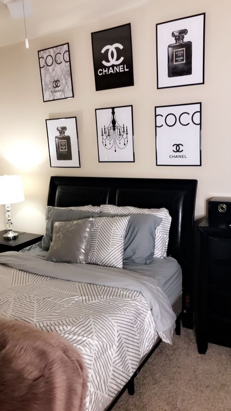 Coco Chanel Poster Bedroom, Chanel Poster Bedroom, Chanel Decor Bedroom, Designer Bedroom Decor Chanel, Designer Brand Room Decor, Chanel Room Decor Ideas, Chanel Wall Decor Bedroom, Designer Brand Posters Bedroom, Designer Themed Bedroom