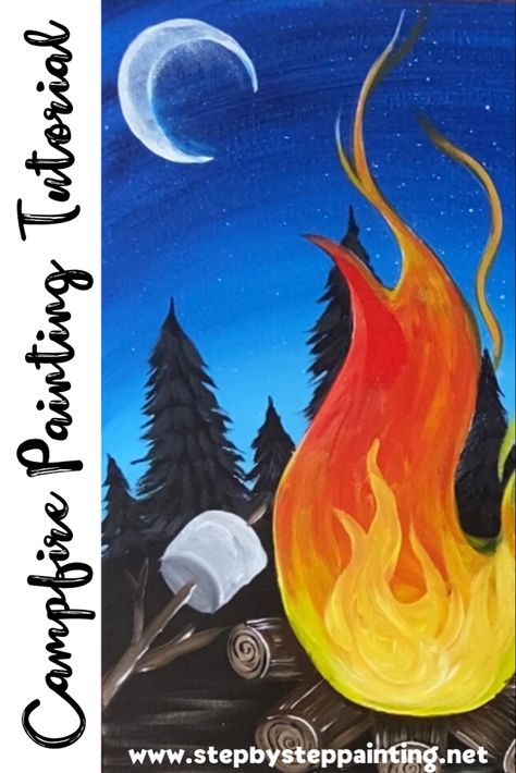 Step by step arylic painting tutorial for beginners. Learn how to paint a campfire. Campfire Painting, Painting On Canvas Easy, Beginners Art, Learn How To Paint, Rock Painting Ideas Easy, Canvas Painting Diy, Happy Paintings, Step By Step Painting, Night Painting