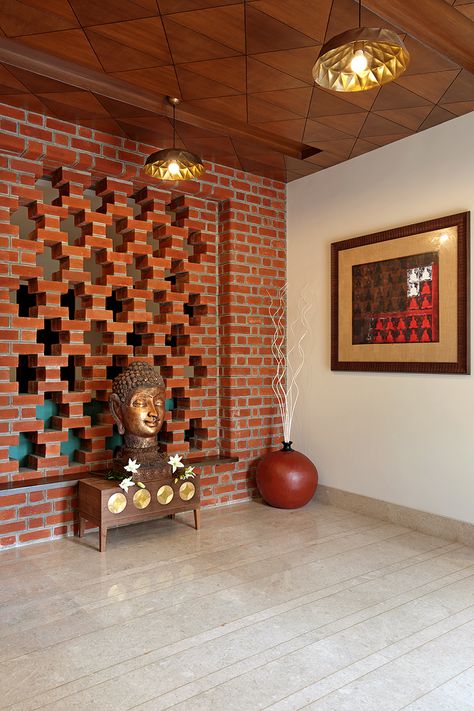 Sky's the Limit for This Brick-and-concrete Bungalow - dress your home - best interior design blog, home decor blog featuring Indian interior designers and architects, Bangalore Bricks Decoration Ideas, Brick Design Interior, Brick House Interior Design, Wall Brick Design, Concrete Bungalow, Decorative Brick Wall, Brick Wall Interior, Brick Wall Design, Bricks Design