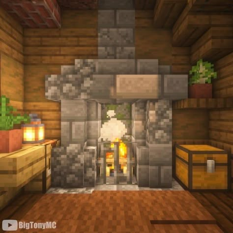 Mincraft Idea Bedroom Cottage, Minecraft Cabin Living Room, Interior Design Minecraft Cottagecore, Minecraft Fireplace Cottage, Minecraft Living Room Cottage, Cozy Minecraft Cottage Interior, Minecraft Interior Ideas Cottage, Minecraft Medieval Fireplace, Living Room Minecraft Cottage