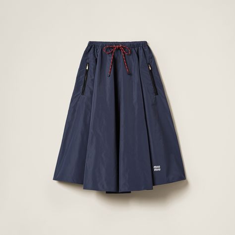 Navy Technical Fabric Skirt | Miu Miu Silk Mini Skirt, Fabric Skirt, Drawstring Detail, Latest Skirts, Closet Essentials, Airport Fashion, Silk Skirt, Gray Skirt, Metal Zipper