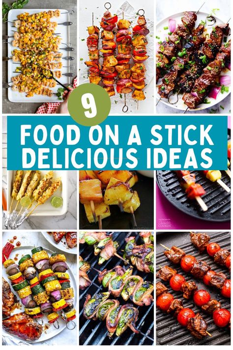 Take your grilling to the next level with these 9 delicious ideas for food on a stick. Meal On A Stick, Grilled Skewers Ideas, Food On A Stick Ideas, Food On Skewers, Summer Skewers, Meat On A Stick, Harvest Meals, Food On A Stick, Food Skewers