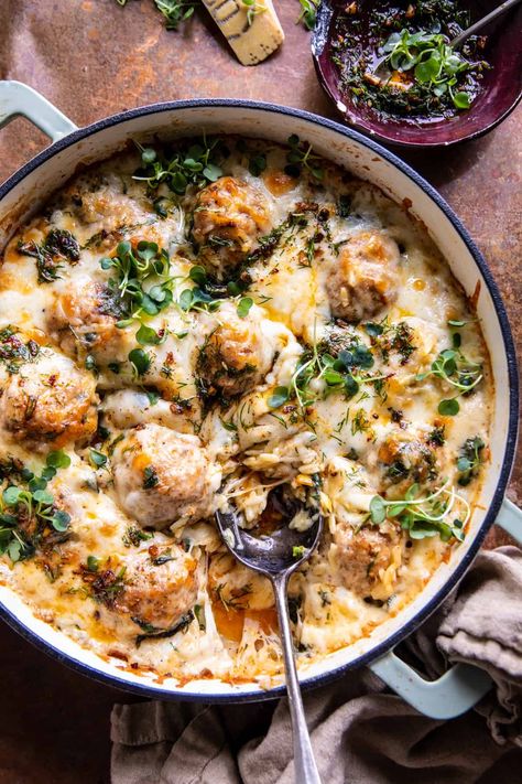 Baked Lemon Rosemary Chicken Meatballs and Creamy Orzo | halfbakedharvest.com Rosemary Chicken Meatballs, Baked Lemon Rosemary Chicken, Creamy Orzo, Baked Chicken Meatballs, Half Baked Harvest Recipes, Lemon Rosemary Chicken, Chicken With Italian Seasoning, Slow Cooker Pasta, Lemon Rosemary