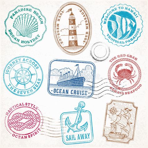 Sea Logo, Yearbook Layouts, Beach Logo, Bookmarks For Books, Passport Stamps, Summer Illustration, 카드 디자인, Picture Collage Wall, Grunge Vintage