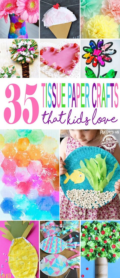 From fish to fruit, hearts to flowers, this roundup has 35 tissue paper crafts that kids will love to do all year long! Best Crafts For Kids, Tissue Paper Art, Tissue Paper Crafts, Crafts And Activities For Kids, Best Crafts, Trendy Flowers, Crafts For Kids To Make, Paper Crafts For Kids, Toddler Crafts