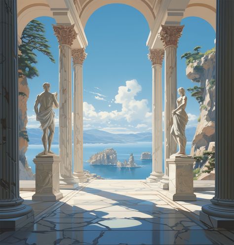 ArtStation - Villa Ancient Greek Bedroom, Greek Bedroom, Monumental Architecture, Ancient Pyramids, Gardens Of Babylon, Library Of Alexandria, Roman Villa, Greek Villas, Hudson River School