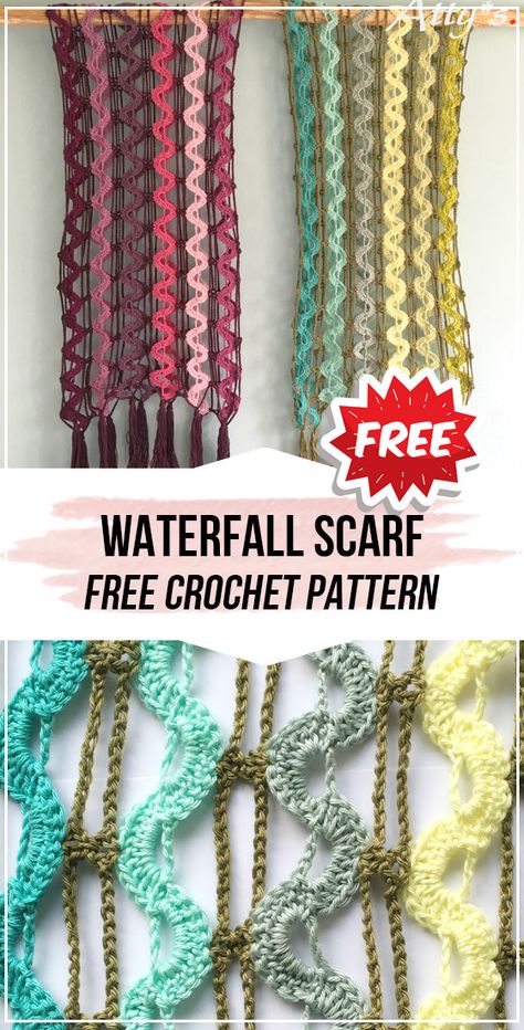 crochet Waterfall Scarf free pattern #SCARF #crochet #freecrocehtpattern via @shareapattern.com Free Crochet Necklace Patterns, Flower Crochet Scarf, Crochet Bracelet Free Pattern, Waterfall Crochet, Crochet Scarf Diagram, Scarf Free Pattern, Crochet Flower Scarf, Hats Pattern, Bookmark Crochet