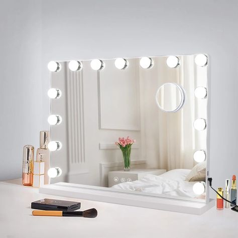 Lighted makeup mirror surrounded by 15pc LED bulbs, with warm light/natural light /cool light settings. Adjustable brightness is meet to your personal makeup requirement. The middle button turns the vanity with a lighted mirror “ON” and “OFF".“M” button to change 3 light colors and long-press the “P” button to adjust Brightness. This vanity mirror with lights is easy to use, no assembly is required. White Vanity Mirror, Hollywood Makeup Mirror, Vanity Mirror With Lights, Lighted Makeup Mirror, Hollywood Lights, Color Lighting, Large Vanity, Shaving Mirror, Makeup Vanity Mirror