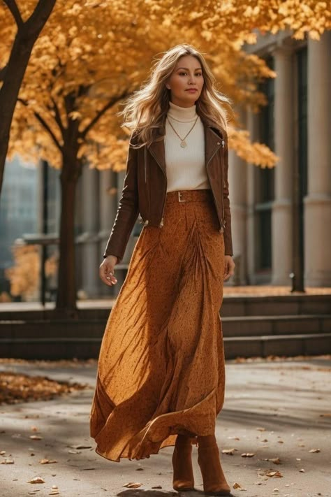 Autumn Witch Aesthetic Outfit, Maxi Skirt Outfit Fall 2024, Autumn Maxi Skirt, Boho Skirt Outfit Fall, Cognac Jacket Outfit, Flowy Skirt With Sweater, Maxi Skirt Fall Outfit, Autumn Boho Outfits, Maxi Skirt Winter Outfit