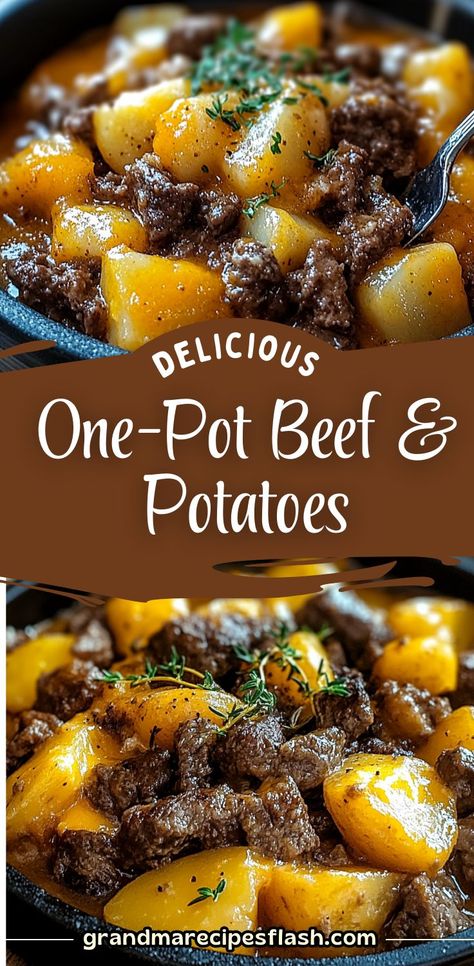 A comforting and delicious one-pot meal perfect for busy weeknights! This Cheesy One-Pot Beef & Potatoes Delight combines tender potatoes, savory ground beef, and a cheesy topping for a family-friendly dish. Ready in under 40 minutes, it’s a hearty and flavorful meal with minimal cleanup. Beef Potatoes, Potted Beef, Beef And Potatoes, Flavorful Recipes, One Pot Meals, Potato Recipes, One Pot, Ground Beef