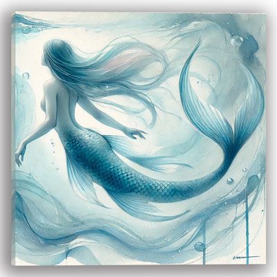 Immerse yourself in the magical world of the ocean with the Graceful Mermaid Wrapped Canvas Wall Art. This stunning piece features a beautiful mermaid swimming gracefully through serene blue waters, creating a peaceful and enchanting scene. Perfect for adding a touch of whimsy and marine beauty to any room, this ready-to-hang canvas is made to order in the USA, ensuring exceptional quality and detail. Highland Dunes Overall Size: 12" H x 12" W | Highland Dunes Graceful Mermaid Wrapped Canvas Wal Mermaid Canvas, Watercolor Mermaid, Mermaid Swimming, Mermaid Painting, Flowing Water, Cute Mermaid, Textured Canvas Art, Beautiful Mermaids, Mermaid Art