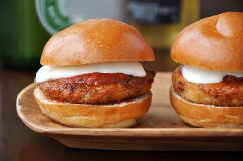 Zucchini Parm, Parm Sliders, Eggplant Recipes Healthy, Parmesan Sliders, Slider Recipe, Jeff Mauro, Healthy Eggplant, Egg Plant, Just A Taste