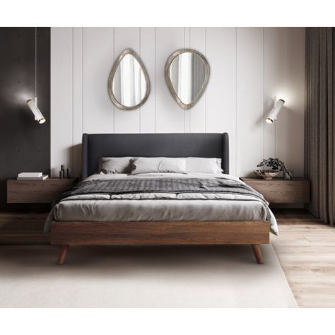 George Oliver Borup Queen Tufted Wood Low Profile Platform Bed - Wayfair Canada Bedroom Inspirations Grey Headboard, Bedroom Dark Grey Bed, Grey Brown Bedroom, Grey And Brown Bedroom, Bed Dark, Futon Bedroom, Grey Bed Frame, Sectional Sofas Living Room, King Platform Bed