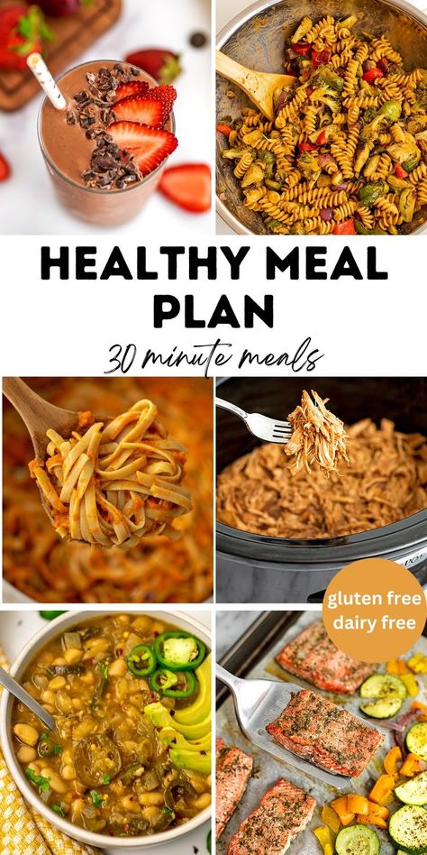 Gallery of photos for meal plan including a smoothie, two pasta recipes, a crockpot chicken, green chili and salmon. Simple Healthy Gluten Free Meals, Meal Planning Gluten Free, Glp1 Meal Plan, Healthy Gluten Free Meals, Gluten Free Diet Meal Plan, Meal Prep Gluten Free, Gluten Free Dinners, Crockpot Chicken Recipe, Sheet Pan Salmon