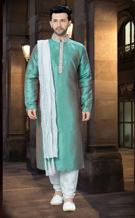 Dj Tillu Kurta, Festive Green Jamawar Kurta, Teal Kurta For Men, Unstitched Green Jamawar Kurta, Sea Green Kurta For Men, Khadi Kurta, Long Choli Lehenga, Mens Indian Wear, Purple Saree