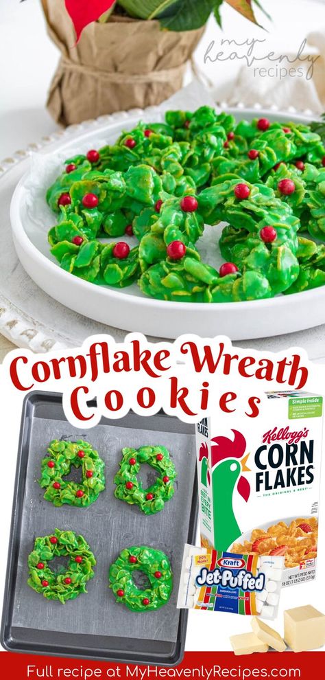 Cornflake Wreath Cookies Recipe- fun christmas treat idea to make for holiday party. Easy butter marshmallow cookies. XMas cookie exchange idea. The best! Cornflake Wreaths, Rice Krispie Treats Christmas, Rice Krispie Bars, Xmas Cookie, Crafty Morning, Wreath Cookies, Marshmallow Cookies, Cookie Craft, Easy Butter