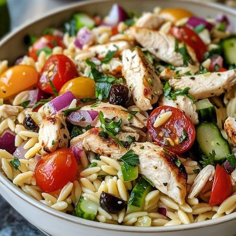 Tasty Recipes & Cooking Ideas by Thalia's Tasty | Greek Chicken Orzo Salad | Facebook Orzo Salad Recipes Cold Chicken, Roast Chicken Pasta, Chicken Orzo Pasta, Greek Orzo Salad, Orzo Salad Recipes, Chicken Orzo, Orzo Pasta Salad, Mediterranean Salad, Orzo Salad