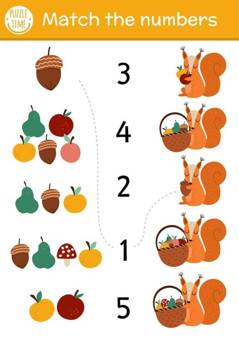 Match the numbers game with squirrel and fruit basket. Autumn farm or forest math activity for preschool children with cute animal. Educational printable counting worksheet for kids Squirrel Math Activities Preschool, Autumn Maths Activities For Preschool, Squirrel Worksheets Preschool, Autumn Animal Activities For Preschool, Forest Worksheets For Kids, Squirrel Activities For Kids, Forest Animals Activities For Kids, Squirrel Worksheet, Autumn Animals Preschool