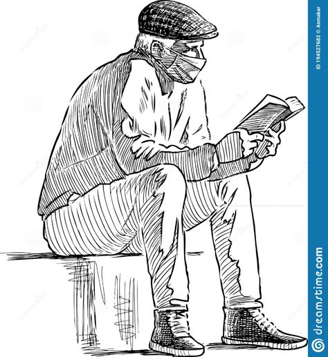 Illustration about Freehand drawing of senior man in mask sitting on park bench and reading a book. Illustration of mask, quarantine, caucasian - 194527682 Reading A Book Illustration, Old Man Sketch, Human Sketch, Pen Art Work, Freehand Drawing, Human Figure Sketches, Etch A Sketch, Man Sketch, Person Drawing