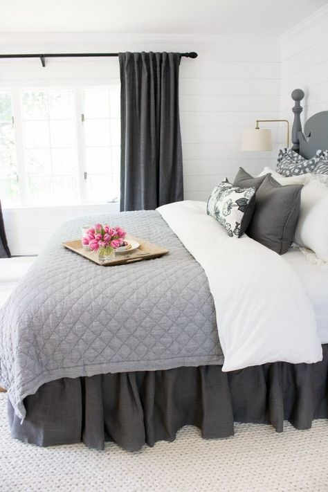 Love the ruffled bedskirt used in this master bedroom makeover Dark Gray Bedroom, Driven By Decor, Dark Curtains, Curtains Ideas, Accent Wall Bedroom, Grey Curtains, Gray Bedroom, Trendy Bedroom, Curtains Bedroom