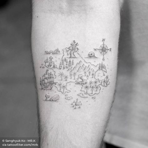 NEVERLAND Peter Pan Tattoo, Science Tattoos, Map Tattoo, Tattoo Thoughts, K Tattoo, Movie Tattoo, Single Needle Tattoo, Movie Tattoos, Map Tattoos