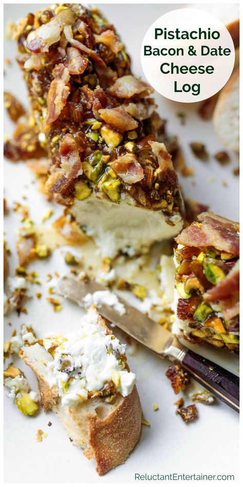 Pistachio Bacon Date Cheese Log is an easy appetizer! Add dates, bacon, and pistachio, and drizzle honey for the perfect crusted cheese log! #cheeselog #goatcheeselog #pistachiobaconcheeselog #pistachios #bacon #reluctantentertainer #easyappetizer Pistachio Cranberry Cheese Log, Cheese Logs Appetizers, Pizza Seafood, Cheese Log Recipes, Vegetables Pizza, Date Recipes Desserts, Bacon Dates, Seafood Salads, Cheese Board Easy