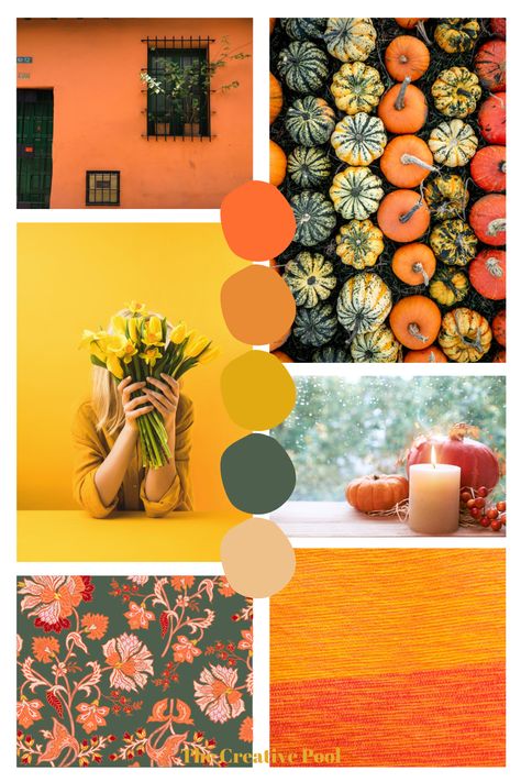 Analogous Color Scheme Interior Yellow Green, Orange And Yellow Color Scheme, Mustard Yellow Colour Combinations, Orange Green Yellow Color Scheme, Orange And Green Color Scheme, Green Orange Yellow Palette, Mustard Yellow Palette, Bright Mood Board, Bright Orange Color Palette