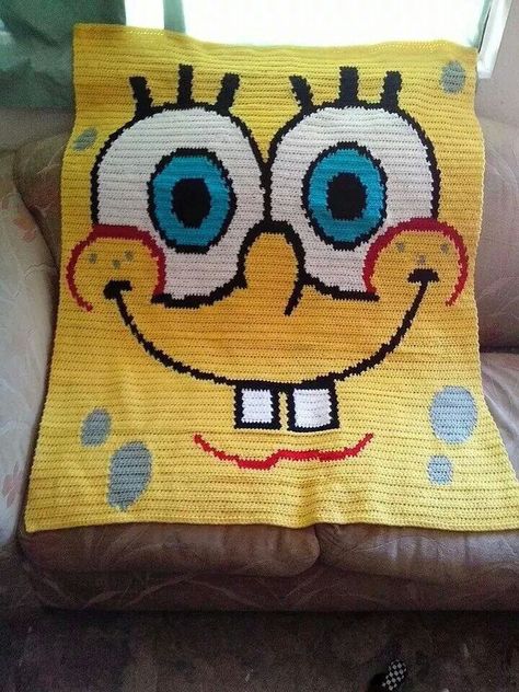 Spongebob blanket. Spongebob Blanket, Crochet Bob, Crochet Kids Blanket, Crochet Quilt Pattern, Character Blankets, Farmhouse Paintings, Funny Pillows, Pixel Crochet, Kids Crochet