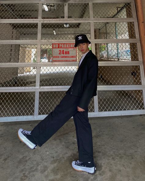 black adidas bucket hat, black suit & converse run star hike Runstar Hike Outfit, Converse Hike Star Outfits, Converse Run Star Hike Outfit Men, Converse Runstar Hike, Bucket Hat Outfit Mens, Runstar Hike, Converse Run Star Hike Outfit, Hike Outfit, Bucket Hat Outfit