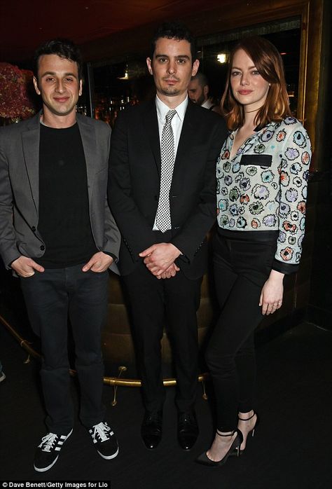 Three of a kind: Justin Hurwitz and Damien Chazelle also posed for snaps with Emma Justin Hurwitz, Emma Stone Style, Damien Chazelle, Top Film, Sag Awards, Fashion Aesthetics, Left Out, Gongs, Emma Stone