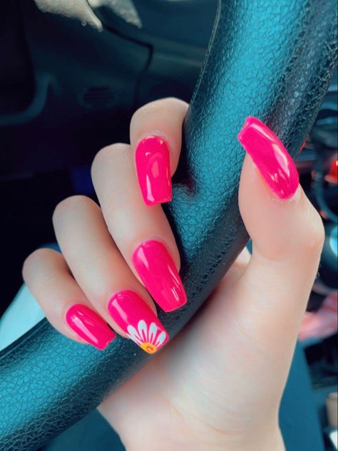 Hot Pink With Design Nails, Pink May Nails, Nails With A Flower Design, Nail Art Designs Coral, Hot Pink Nails With White Flowers, Bright Pink Summer Nails Designs, Pink Glitter Flower Nails, Bright Pink Flower Nails, Neon Pink Nails With Flowers