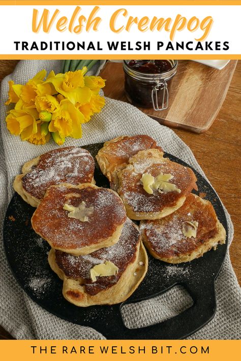 Welsh crempog or crempogau - traditional Welsh pancakes, cooked on a cast iron bakestone. Welsh Food, Welsh Breakfast, Shrove Tuesday Pancakes, Welsh Recipes, French Crepes, Sweet Snacks Recipes, Authentic Recipes, Food Culture, Pancake Recipe