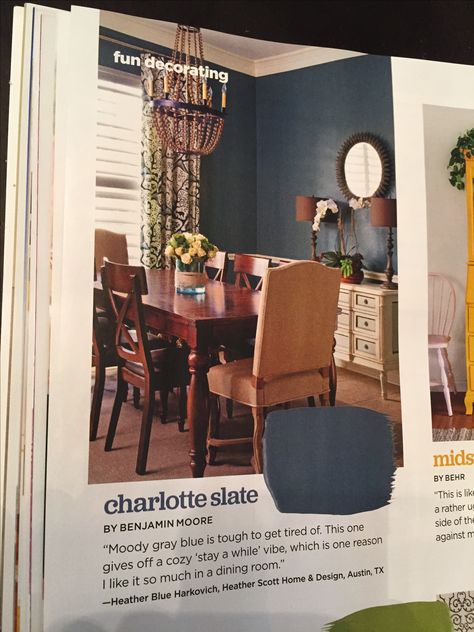 Charlotte Slate by Benjamin Moore - January HGTV magazine.  Blue gray paint color Charlotte Slate Benjamin Moore, Benjamin Moore Charlotte Slate, Charlotte Slate, Dining Room Colour Schemes, Light Grey Paint Colors, Colors Bedroom, Blue Gray Paint Colors, Blue Bedroom Design, Dining Room Paint Colors