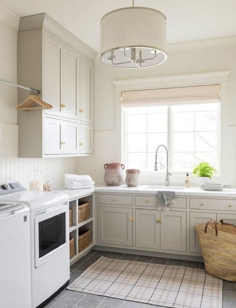 Laundry Room Ideas and Top Recommended Washer and Dryer - Nesting With Grace Beadboard Trim, Grey Laundry Rooms, Revere Pewter Benjamin Moore, White Beadboard, Laundry Room Remodel, Laundry Room Cabinets, Laundry Room Inspiration, 아파트 인테리어, Laundry Mud Room